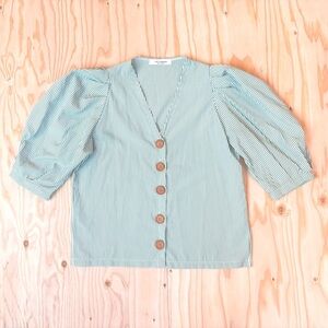 pinstripe peasant blouse - green striped balloon sleeve top korean cottagecore M